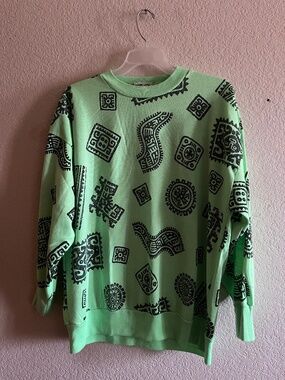 Vintage 80s Sky Lite Neon Green Ikat Abstract Sweatshirt Made in USA Size 40 Med